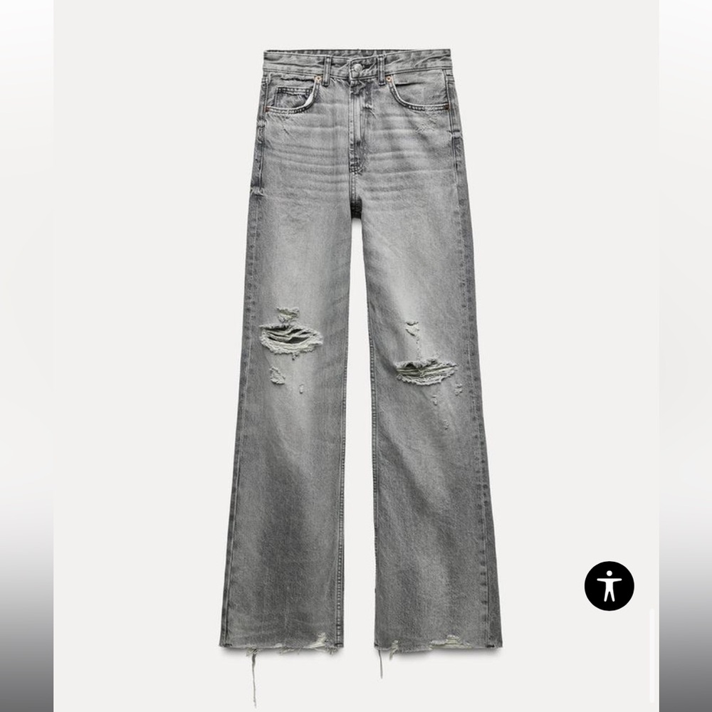 Zara size 2 HIGH-WAISTED distressed- WIDE LEG - FULL LENGTH light gray jeans